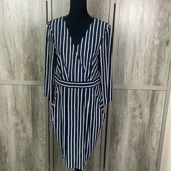New! Maggy London Surplice Wrap Striped Midi Dress Women's 12 - Picture 1 of 12